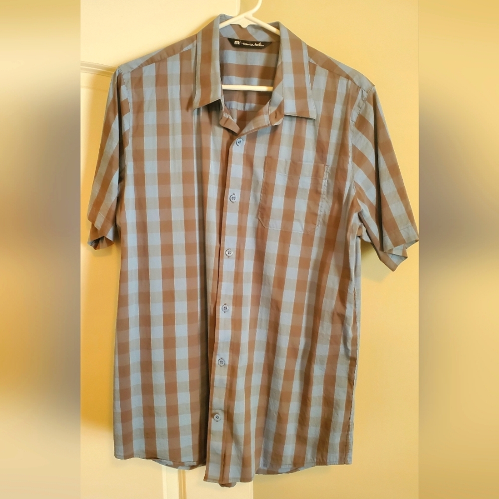 Travis Mathew Men's Blue and Silver Checkered Shirt